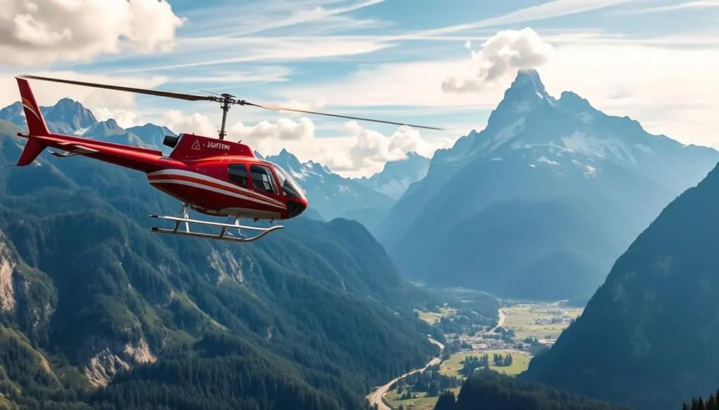 Imagine a helicopter soaring above the Lauterbrunnen valley, with the Eiger, Mönch, and Jungfrau mountains in view.
