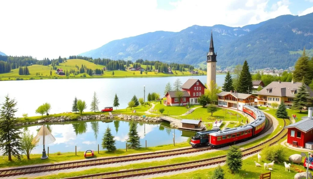 Imagine a miniature train park by a serene lake, where your kids can enjoy train rides through scaled-down Swiss landscapes.