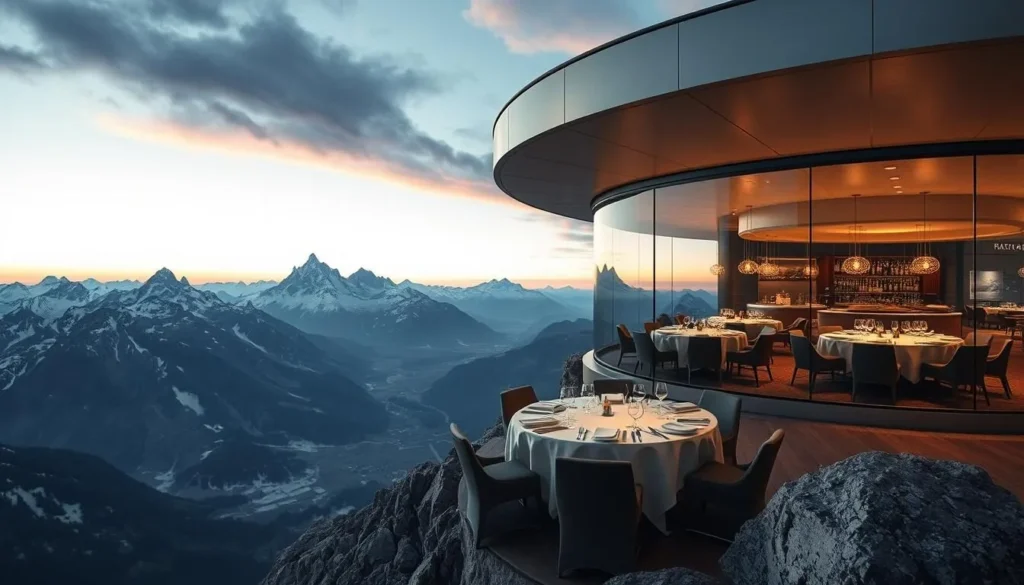 Imagine a mountain top restaurant that slowly rotates, offering a constantly changing view of the Alps.