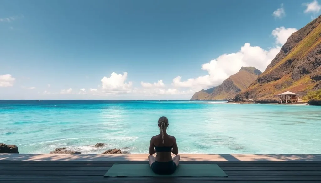 Imagine a serene Niue landscape with a yoga mat overlooking the ocean.