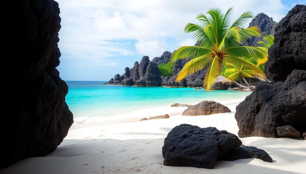 Imagine a serene beach scene with crystal-clear waters and soft white sand, surrounded by lush palm trees and rugged lava rock formations.