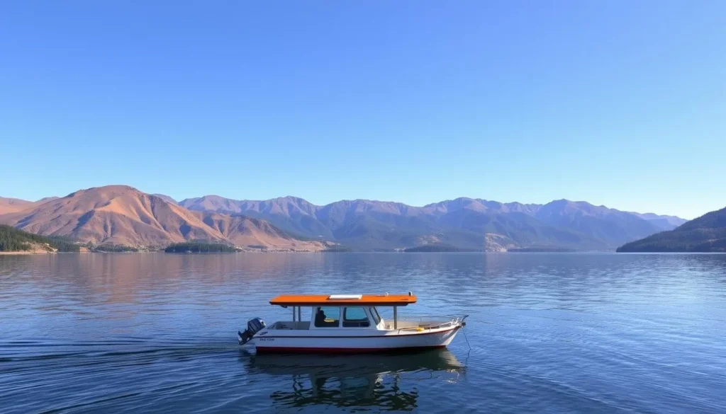 Imagine a serene houseboat on Lake Shasta, surrounded by breathtaking scenery.
