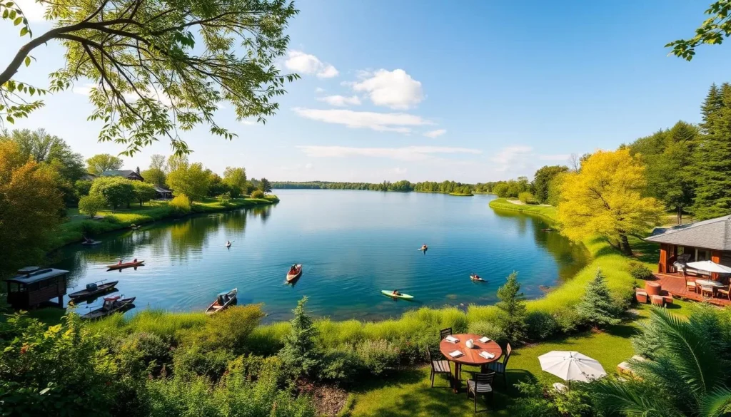 Imagine a serene lake surrounded by lush greenery, offering a perfect blend of outdoor activities and gourmet dining.