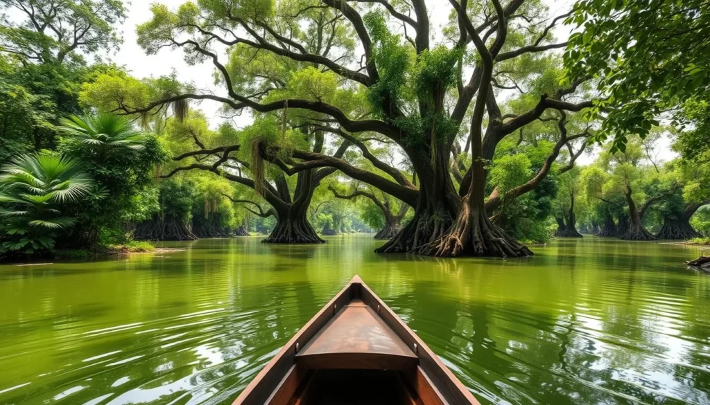 Imagine gliding through the emerald-green canals of the Mekong Delta, surrounded by tall trees and vibrant wildlife.