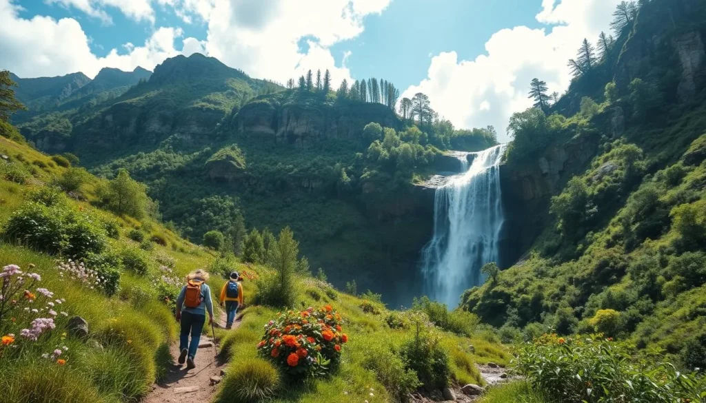 Imagine hiking through a serene landscape, surrounded by nature's beauty, and arriving at a breathtaking waterfall.
