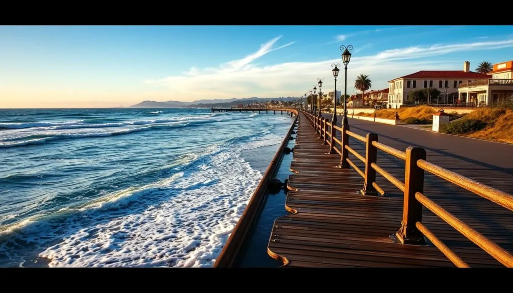 Imagine strolling along a historic boardwalk, with the Pacific Ocean waves gently lapping at your feet.