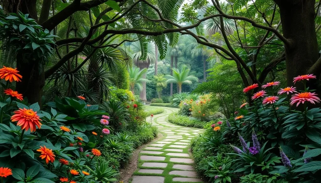 Imagine strolling through a serene botanical garden surrounded by lush greenery and vibrant flora.