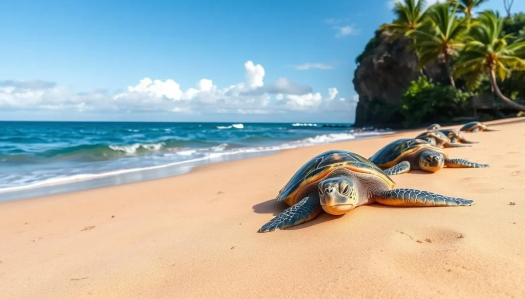 Imagine witnessing Hawaiian Green Sea Turtles basking on the shore at Laniakea Beach.
