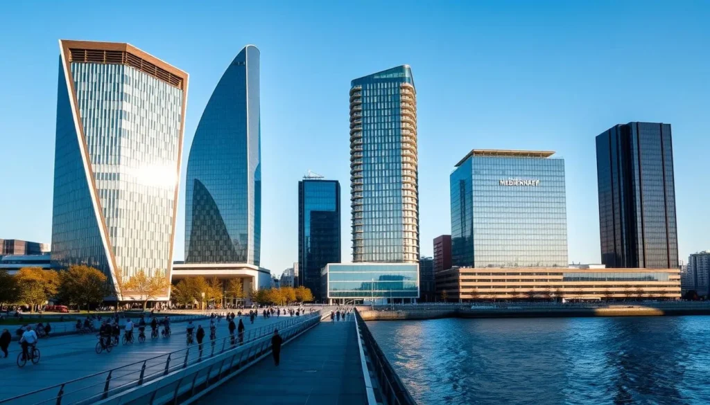 Imposing modern architectural masterpieces stand tall, their sleek lines and gleaming facades reflecting the vibrant city of Düsseldorf. In the foreground, the iconic MedienHafen buildings rise up, their angular forms and geometric patterns creating a striking silhouette against a clear blue sky. The middle ground features a bustling promenade, where pedestrians and cyclists weave between the contemporary structures, appreciating the interplay of light and shadow. In the background, the tranquil waters of the Rhine River provide a serene counterpoint, adding depth and dimension to the scene. This image captures the essence of Düsseldorf's MedienHafen, a harmonious blend of modern architecture, urban energy, and natural beauty.