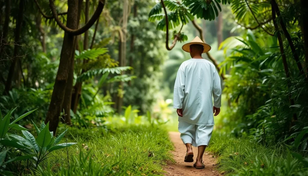 Indigenous Kogi person in traditional white clothing walking on a trail in Tayrona National Park Indigenous Kogi person in traditional white clothing walking on a trail in Tayrona National Park