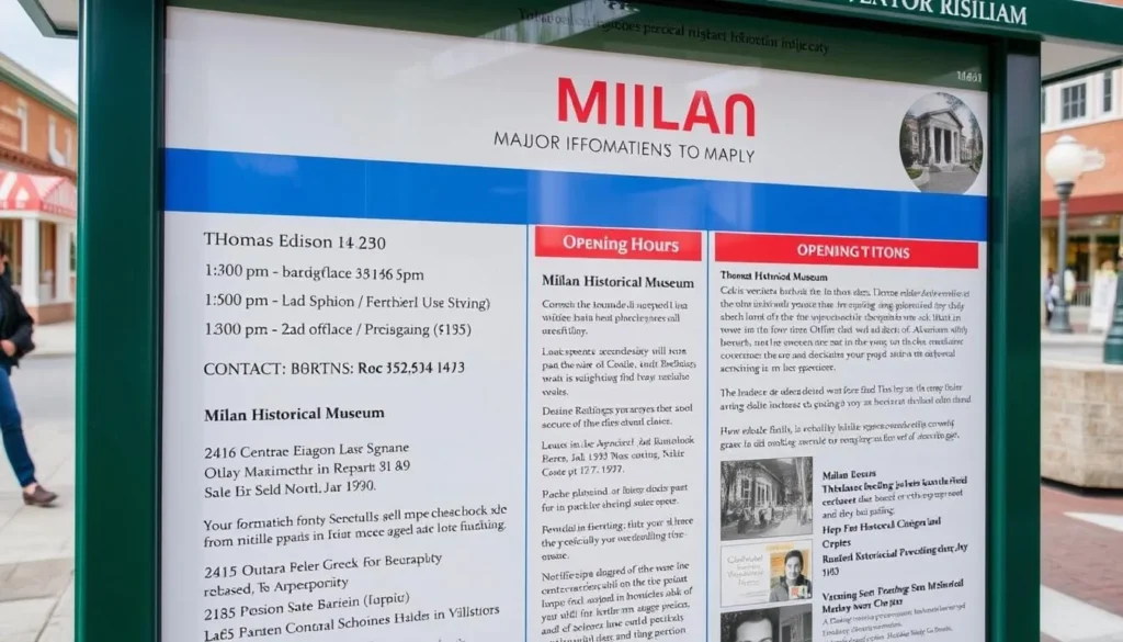Information board showing opening hours for Milan, Ohio things to do and attractions