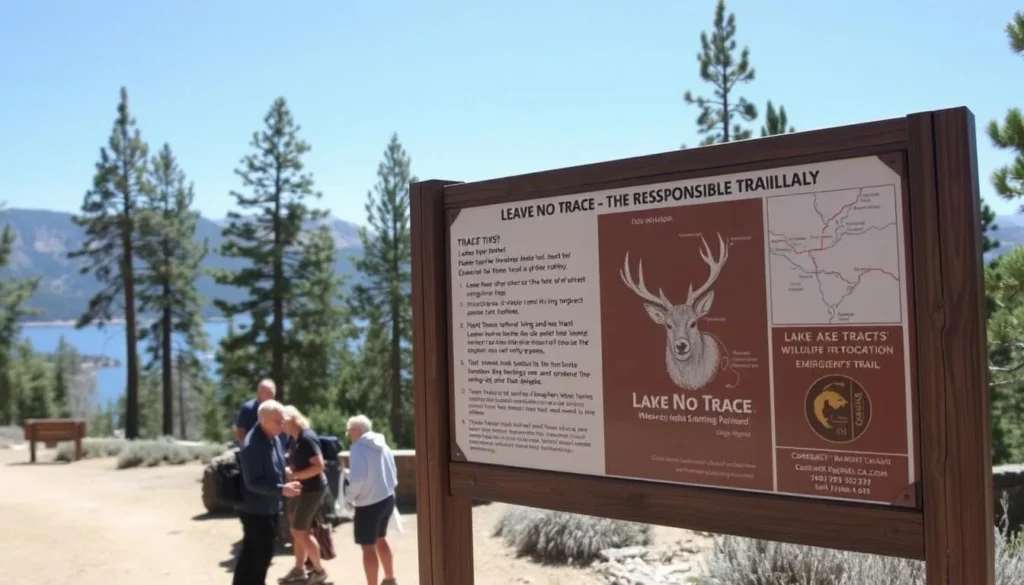 Information sign at Lake Tahoe showing responsible travel tips and wildlife protection guidelines Information sign at Lake Tahoe showing responsible travel tips and wildlife protection guidelines