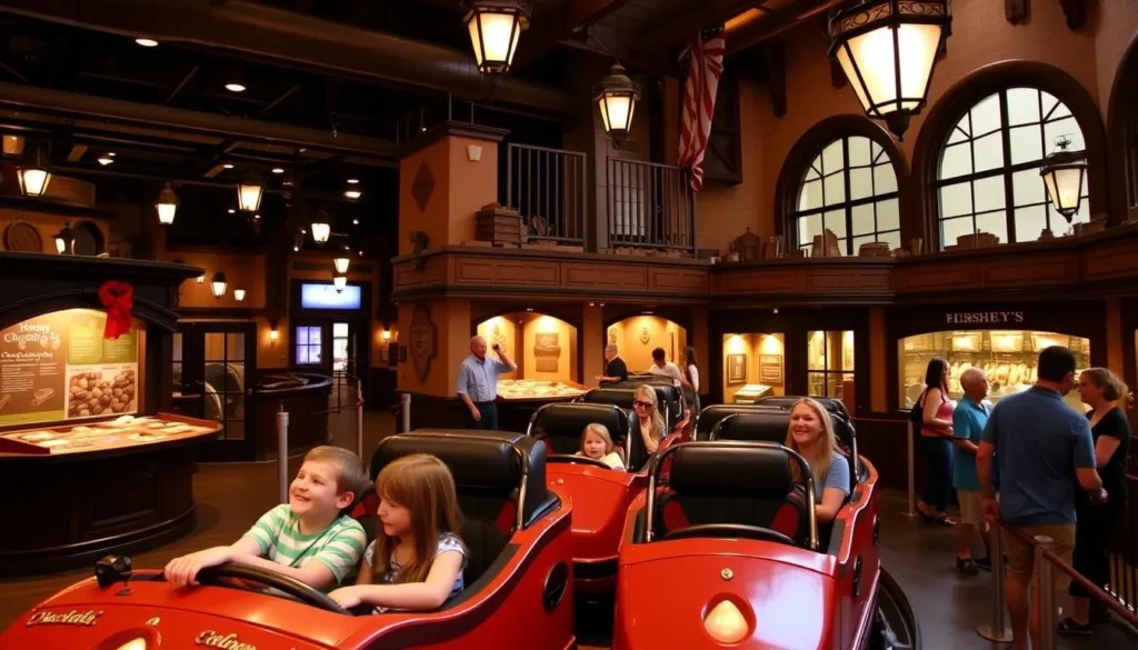 Inside Hershey's Chocolate World showing the famous chocolate tour ride with families enjoying the experience Inside Hershey's Chocolate World showing the famous chocolate tour ride with families enjoying the experience
