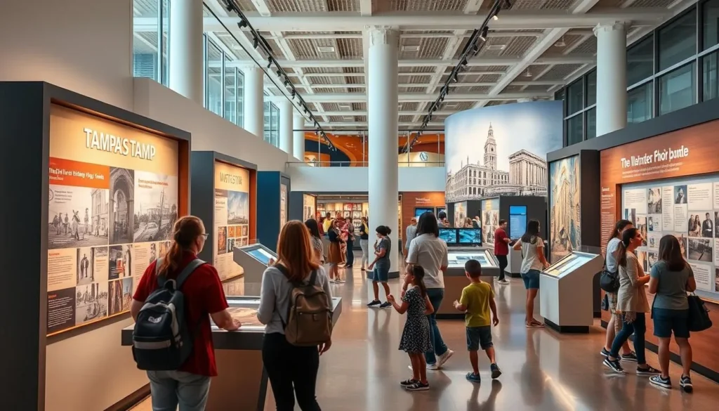 Interactive exhibits at the Tampa Bay History Center with visitors engaging with displays Interactive exhibits at the Tampa Bay History Center with visitors engaging with displays