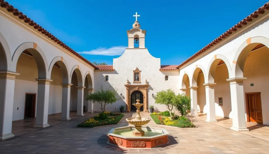 Interior courtyard of Mission San Luis Obispo de Tolosa with fountain and gardens Interior courtyard of Mission San Luis Obispo de Tolosa with fountain and gardens