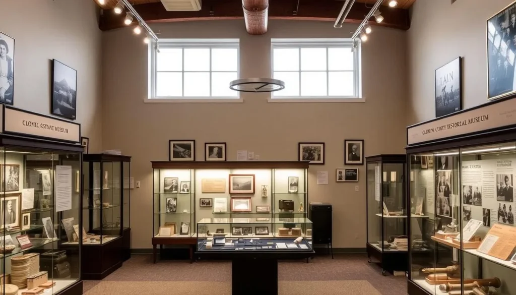 Interior exhibit at Clinton County Historical Museum showcasing local history artifacts Interior exhibit at Clinton County Historical Museum showcasing local history artifacts
