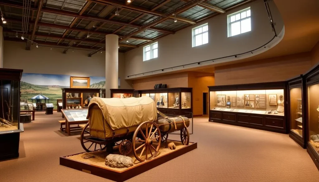 Interior exhibit at the Kansas Museum of History showing pioneer-era displays Interior exhibit at the Kansas Museum of History showing pioneer-era displays