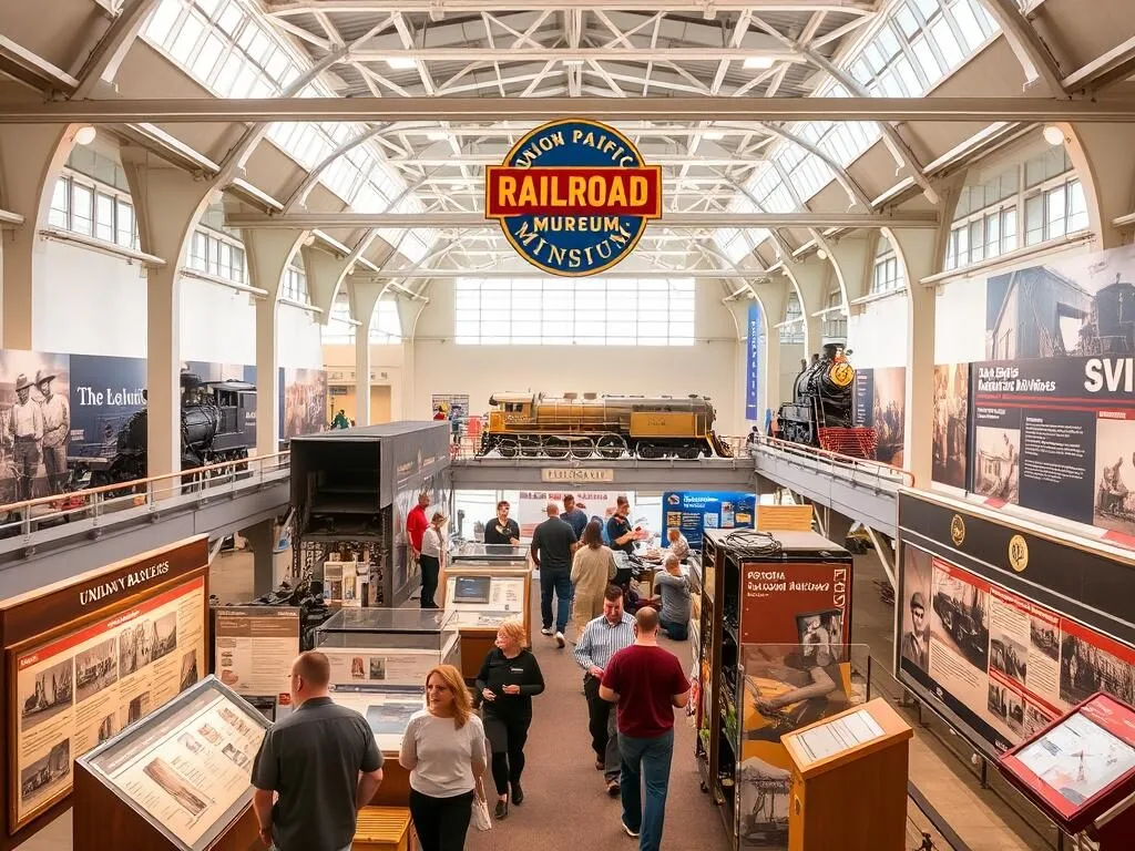 Interior exhibit at the Union Pacific Railroad Museum showing historical train displays and interactive exhibits Interior exhibit at the Union Pacific Railroad Museum showing historical train displays and interactive exhibits