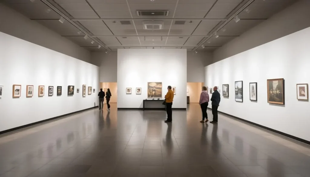 Interior gallery of the Fresno Art Museum in Fresno County California showing artwork displays Interior gallery of the Fresno Art Museum in Fresno County California showing artwork displays