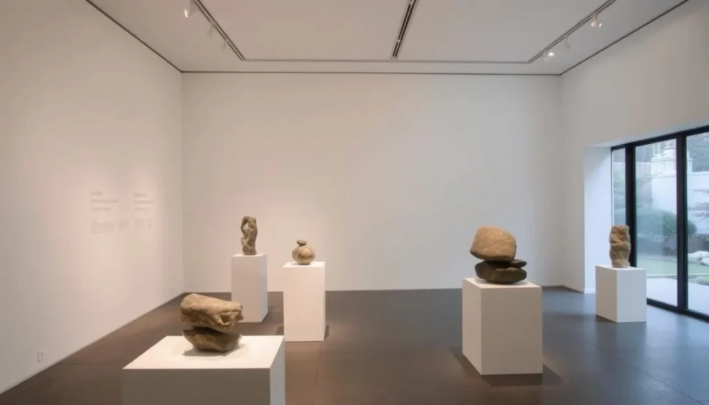 Interior gallery of the Noguchi Museum showing stone sculptures and garden views Interior gallery of the Noguchi Museum showing stone sculptures and garden views