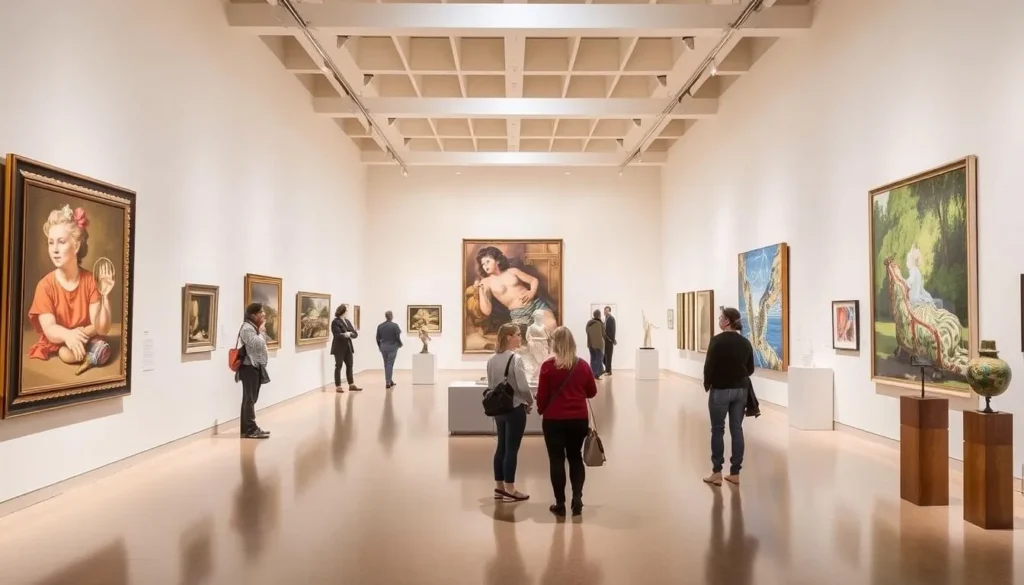 Interior gallery of the Triton Museum of Art in Santa Clara showing contemporary artwork and visitors Interior gallery of the Triton Museum of Art in Santa Clara showing contemporary artwork and visitors