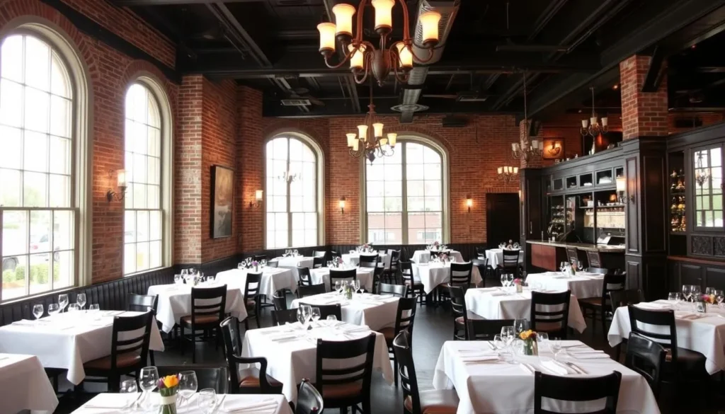Interior of City Grocery restaurant on the Square showing its elegant dining room with exposed brick walls Interior of City Grocery restaurant on the Square showing its elegant dining room with exposed brick walls