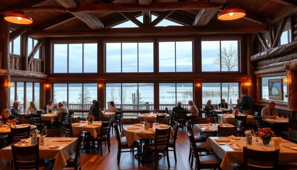 Interior of Driftwood Restaurant at Barren River Lake State Resort Park with lake views Interior of Driftwood Restaurant at Barren River Lake State Resort Park with lake views