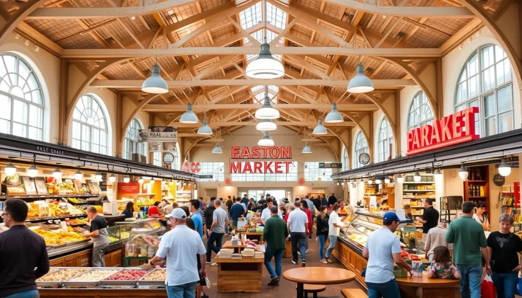 Interior of Easton Public Market with food vendors and dining area Interior of Easton Public Market with food vendors and dining area