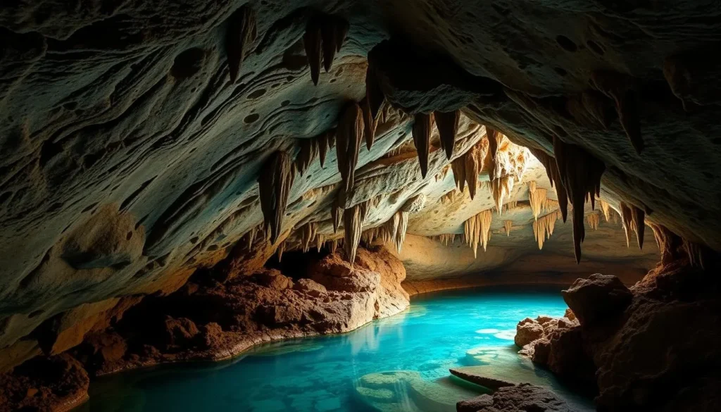 Interior of Fountain Cavern showing ancient petroglyphs and rock formations with subtle lighting Interior of Fountain Cavern showing ancient petroglyphs and rock formations with subtle lighting
