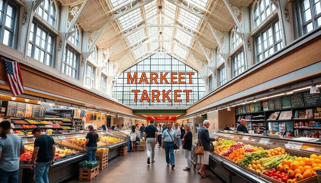 Interior of Grand Rapids Downtown Market with food vendors and customers Interior of Grand Rapids Downtown Market with food vendors and customers