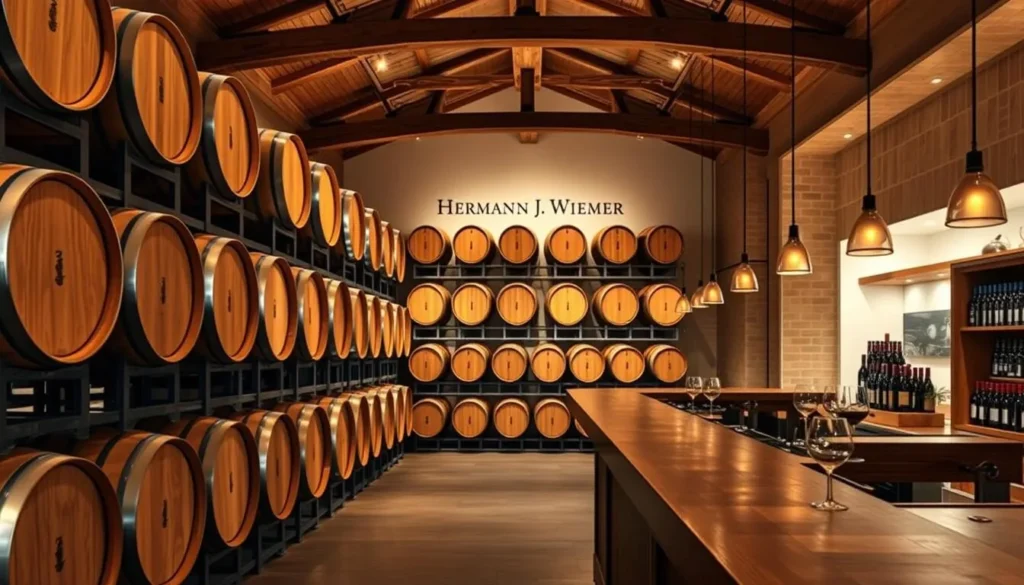 Interior of Hermann J. Wiemer's barrel room with oak barrels and modern tasting area Interior of Hermann J. Wiemer's barrel room with oak barrels and modern tasting area