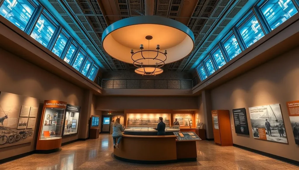 Interior of Lewis and Clark National Historic Trail Interpretive Center in Great Falls Montana showing exhibits Interior of Lewis and Clark National Historic Trail Interpretive Center in Great Falls Montana showing exhibits