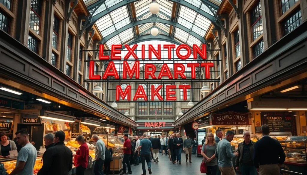 Interior of Lexington Market in Baltimore with various food vendors and local shoppers Interior of Lexington Market in Baltimore with various food vendors and local shoppers
