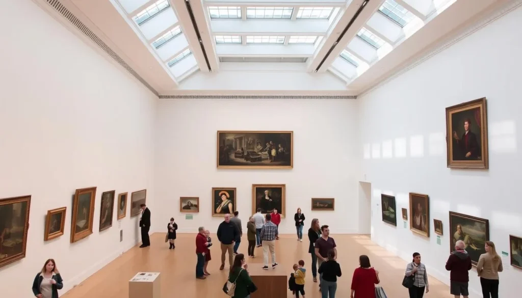 Interior of Portland Museum of Art with visitors viewing artwork Interior of Portland Museum of Art with visitors viewing artwork