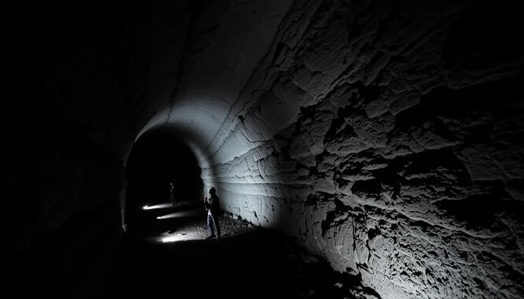 Interior of Subway Cave lava tube showing the dark tunnel with rocky walls and floor illuminated by flashlights Interior of Subway Cave lava tube showing the dark tunnel with rocky walls and floor illuminated by flashlights