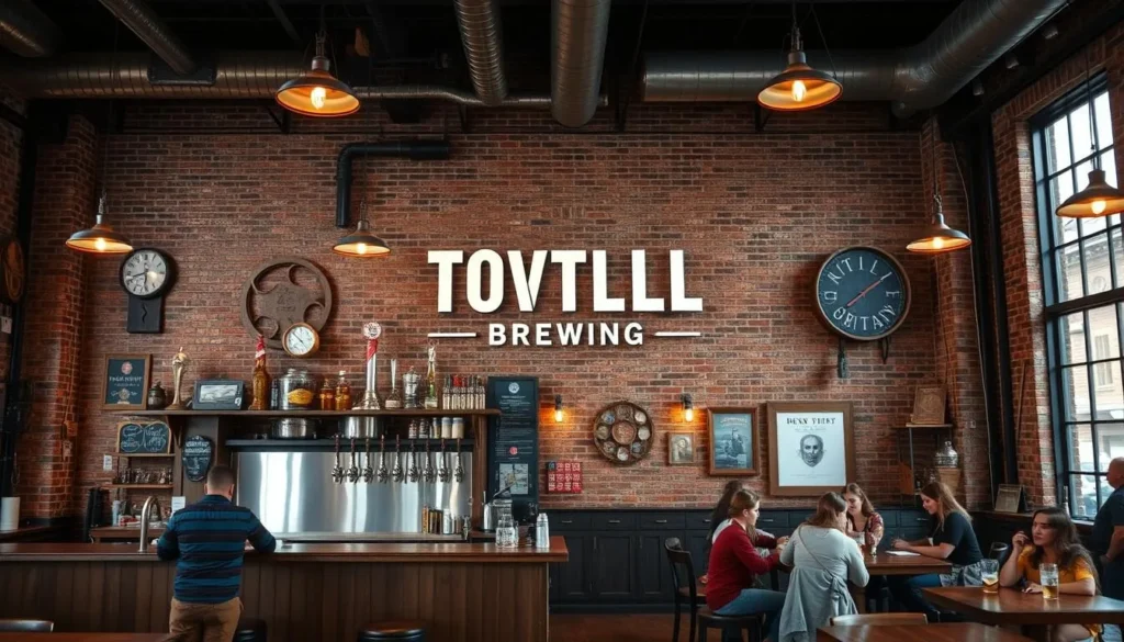 Interior of Textile Brewing Company in Dyersville showing craft beer taps and historic building elements