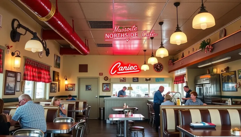 Interior of The Northside Café in Winterset showing vintage decor and diners enjoying meals at counter seating Interior of The Northside Café in Winterset showing vintage decor and diners enjoying meals at counter seating