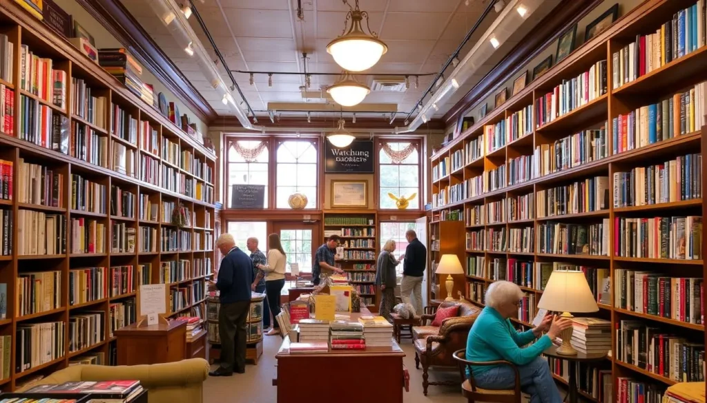 Interior of Watchung Booksellers independent bookstore in Montclair showing bookshelves and customers browsing Interior of Watchung Booksellers independent bookstore in Montclair showing bookshelves and customers browsing