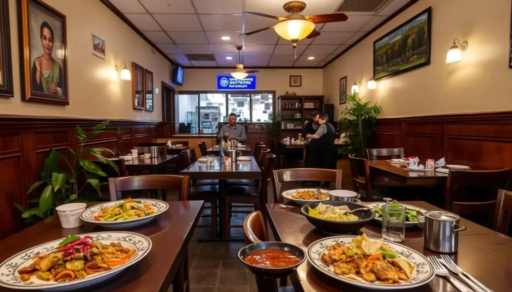 Interior of a Cambodian restaurant in Lowell showing traditional dishes and decor Interior of a Cambodian restaurant in Lowell showing traditional dishes and decor