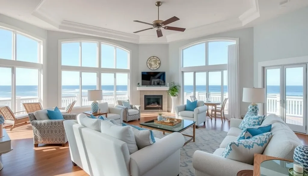 Interior of a beachfront vacation rental on Pawleys Island with ocean views