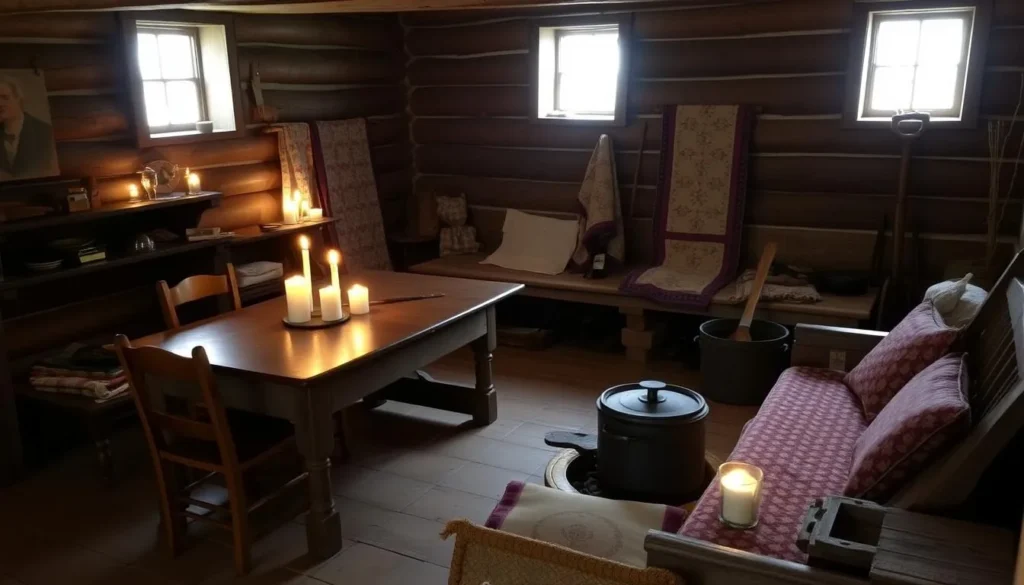 Interior of a period home at New Salem showing 1830s frontier living conditions Interior of a period home at New Salem showing 1830s frontier living conditions