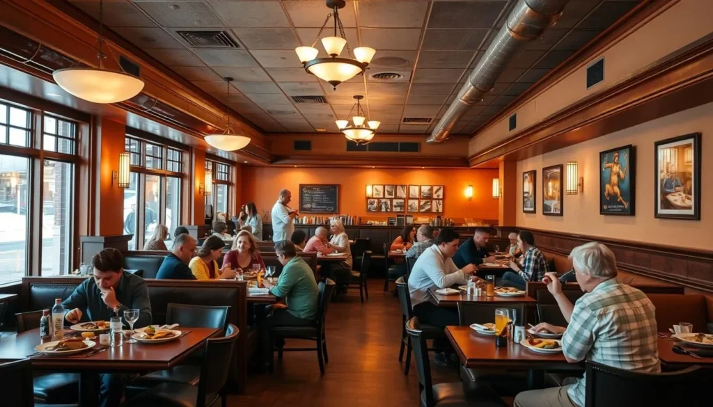 Interior of a popular restaurant in Council Bluffs with diners enjoying meals Interior of a popular restaurant in Council Bluffs with diners enjoying meals