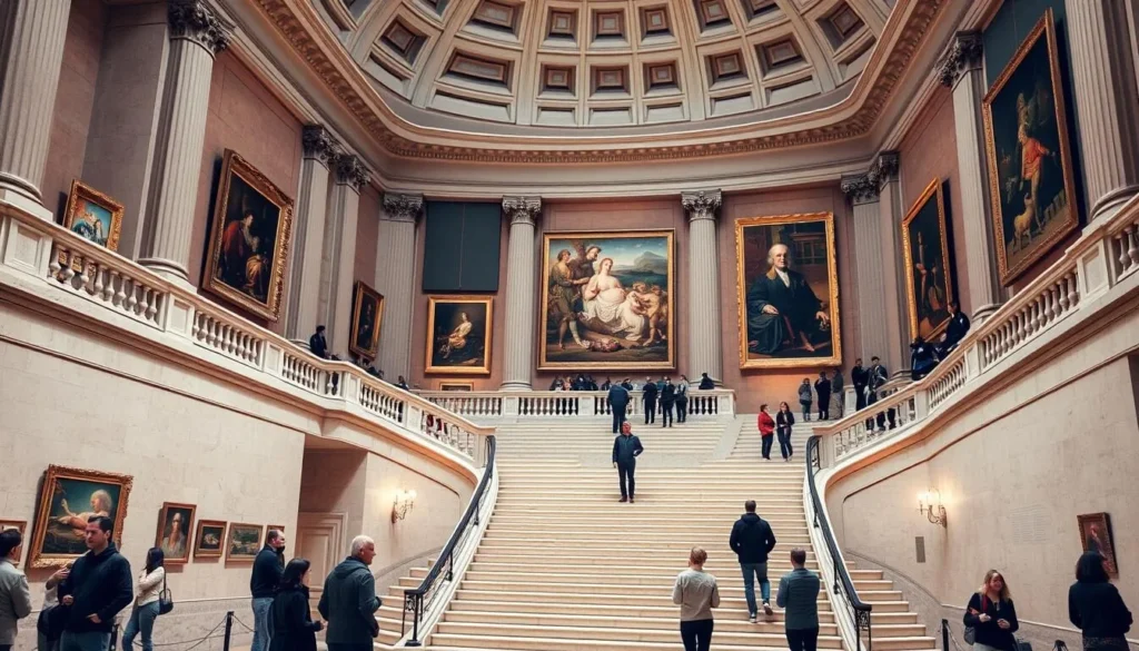 Interior of the Art Institute of Chicago showing the grand staircase and famous artworks on display Interior of the Art Institute of Chicago showing the grand staircase and famous artworks on display