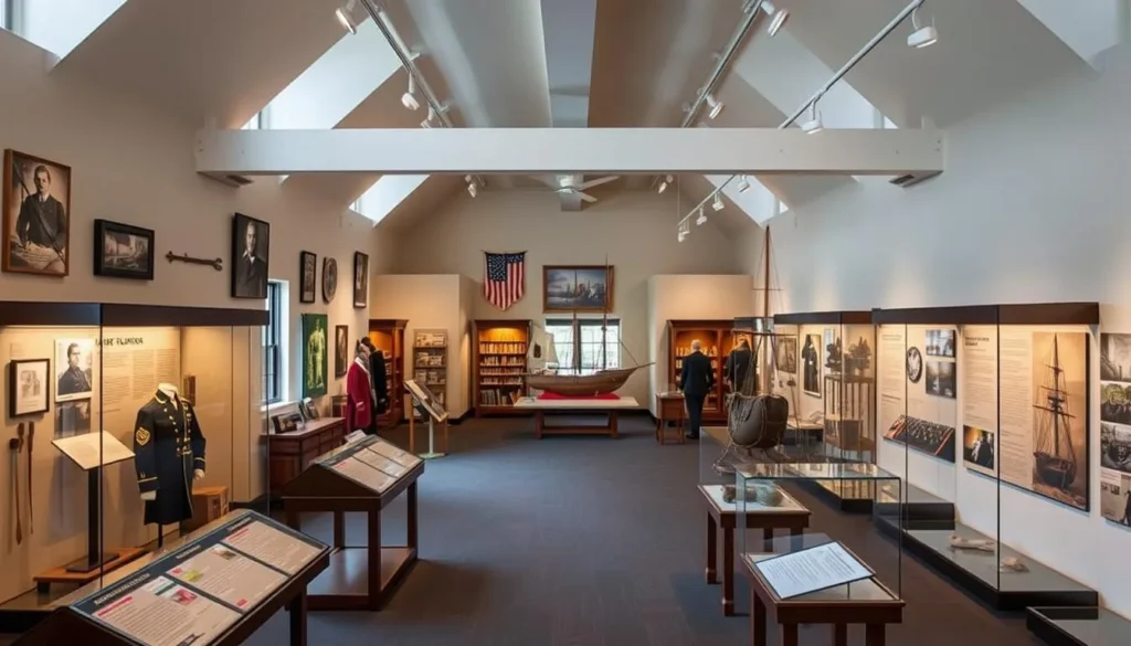 Interior of the Battle of Plattsburgh Museum with historical exhibits and artifacts in Clinton County, New York Interior of the Battle of Plattsburgh Museum with historical exhibits and artifacts in Clinton County, New York