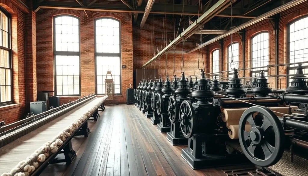 Interior of the Boott Cotton Mills Museum showing historic textile machinery in operation Interior of the Boott Cotton Mills Museum showing historic textile machinery in operation