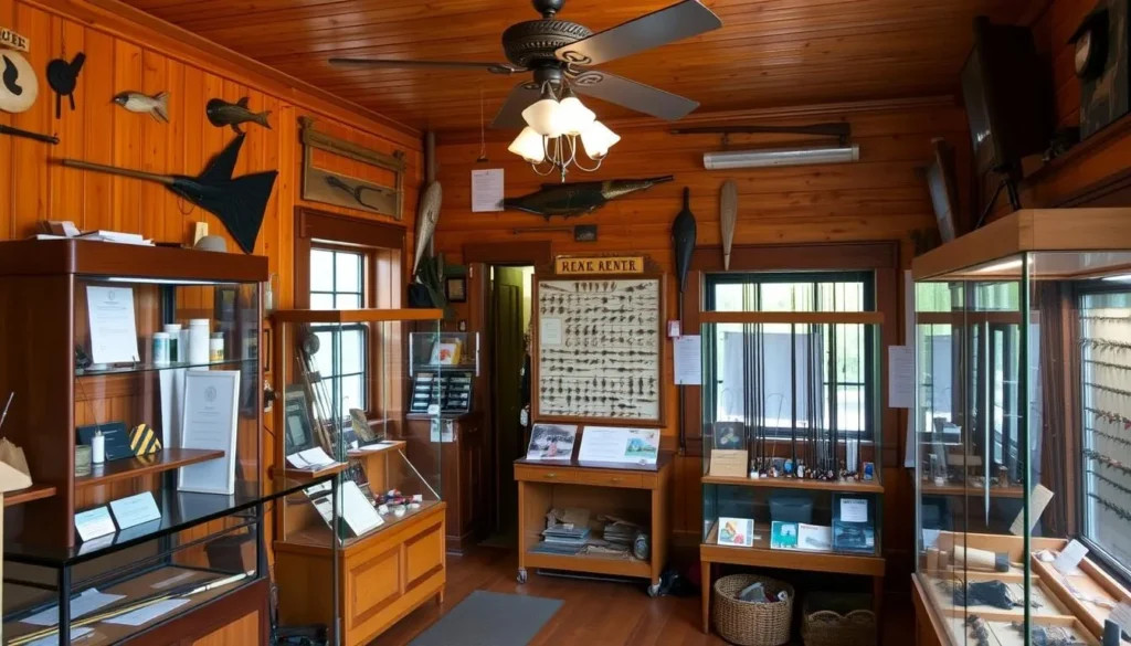 Interior of the Catskill Fly Fishing Center & Museum in Sullivan County New York showing historic fishing displays