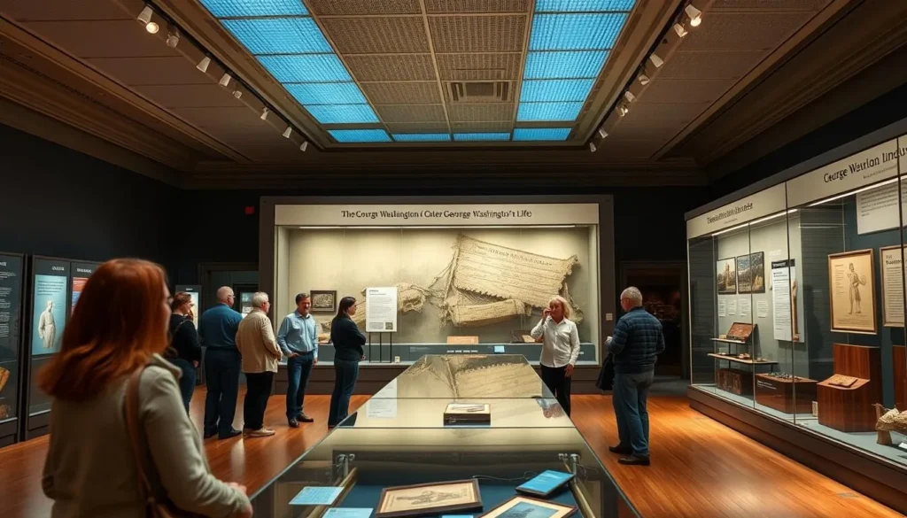 Interior of the Donald W. Reynolds Museum at Mount Vernon showing interactive exhibits about George Washington's life
