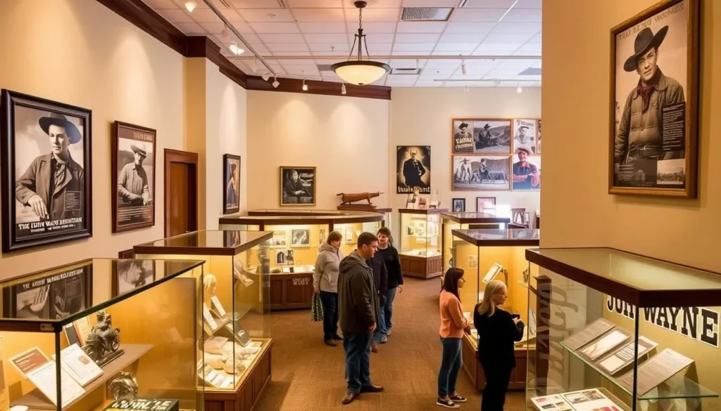 Interior of the John Wayne Birthplace Museum in Winterset showing memorabilia displays and movie posters Interior of the John Wayne Birthplace Museum in Winterset showing memorabilia displays and movie posters