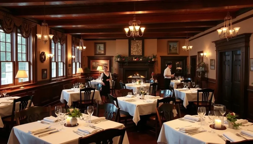 Interior of the Mount Vernon Inn Restaurant showing colonial decor and traditional Virginia cuisine being served