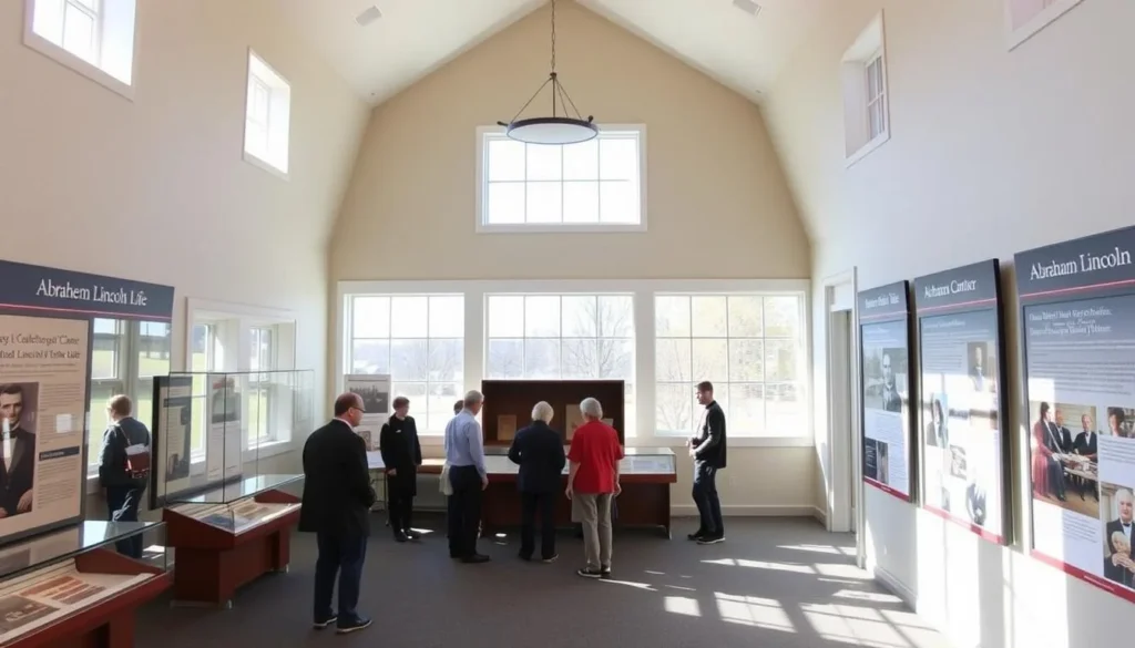 Interior of the New Salem Visitor Center showing exhibits about Abraham Lincoln Interior of the New Salem Visitor Center showing exhibits about Abraham Lincoln